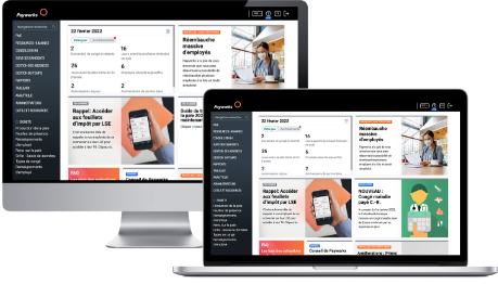 Page d’accueil de l’application Payworks ouverte sur un ordinateur portable et un écran de bureau.