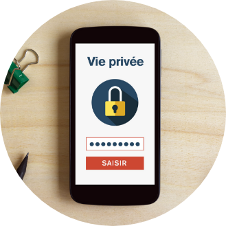Mobile phone showing Privacy heading with hidden password entered Smiling Customer Service Representative seated at their desk.