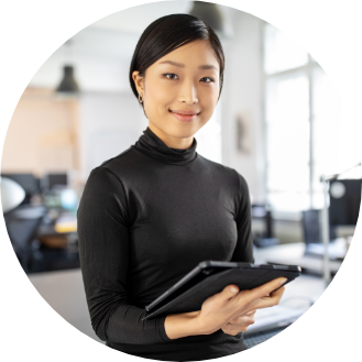 Friendly service representative woman with tablet in her hands.