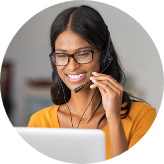 Friendly service representative woman answering a call with a headset.